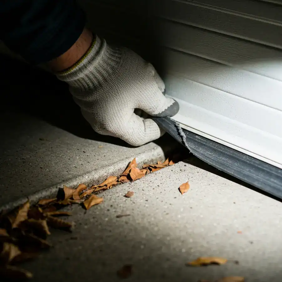 Gloved hand inspecting a cracked garage door seal for entry gaps against a concrete floor with dried leaves.
