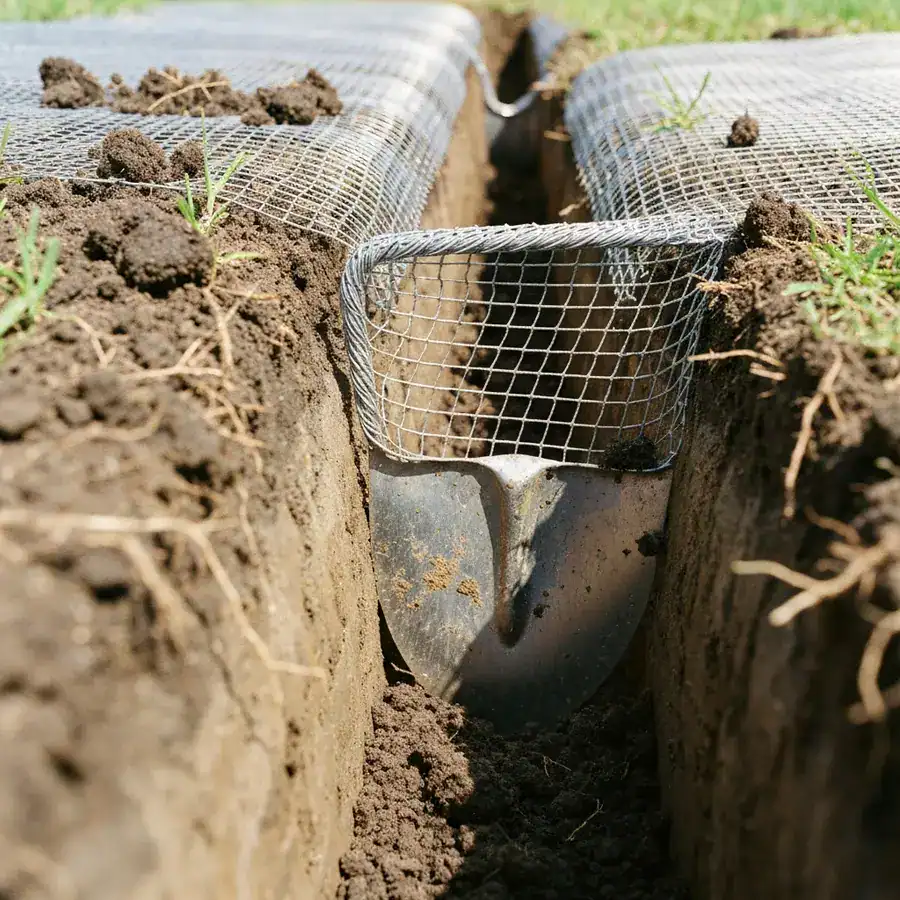 Galvanized hardware cloth with an L-shape footer being buried in a deep dirt trench for snake exclusion.