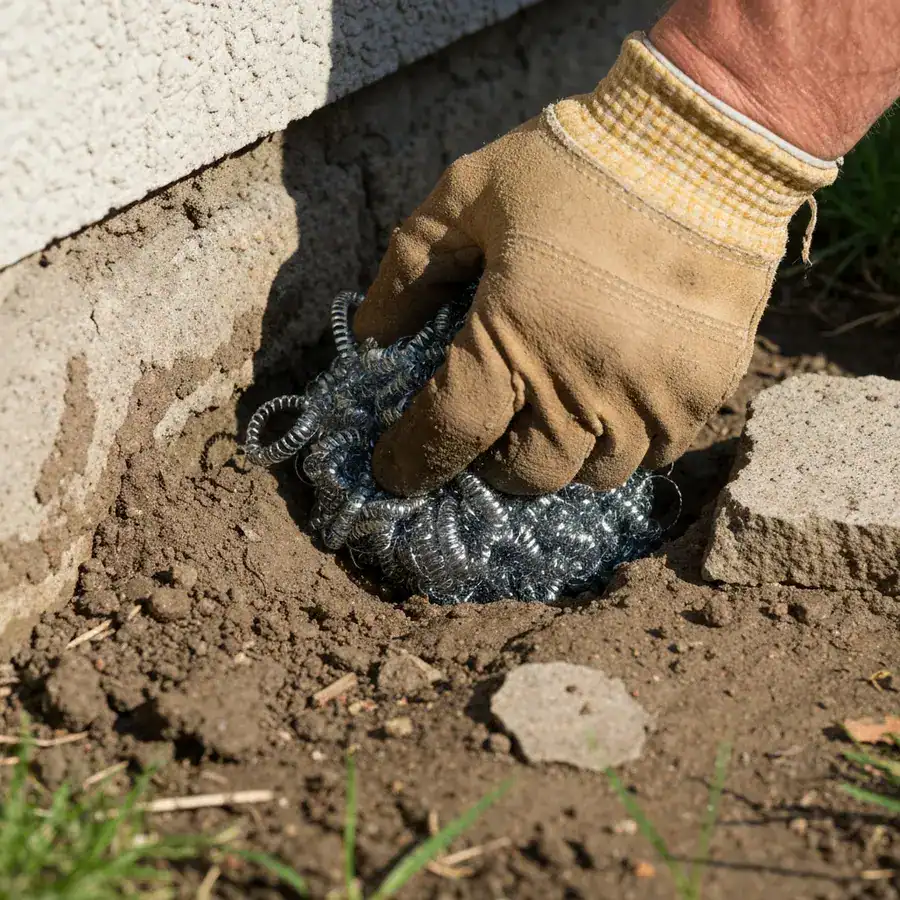 Gloved hand stuffing steel wool into a foundation gap to prevent rodent and snake entry at a residential home.