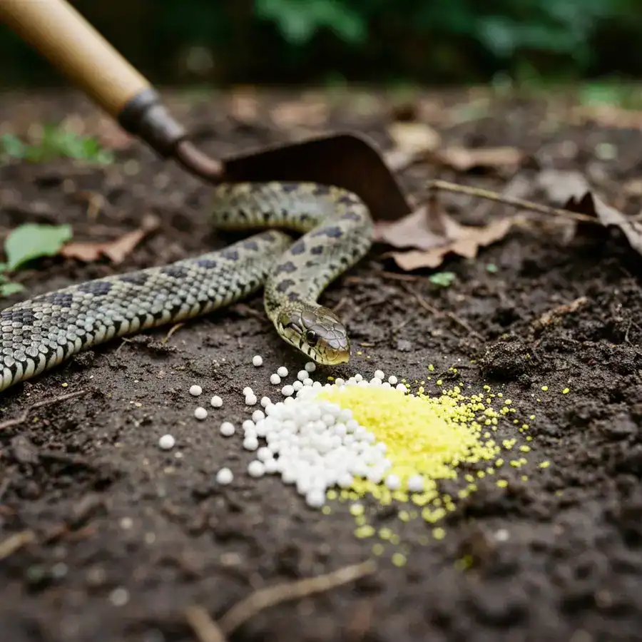 Close-up of a snake slithering over white chemical repellent pellets in a messy backyard garden bed.