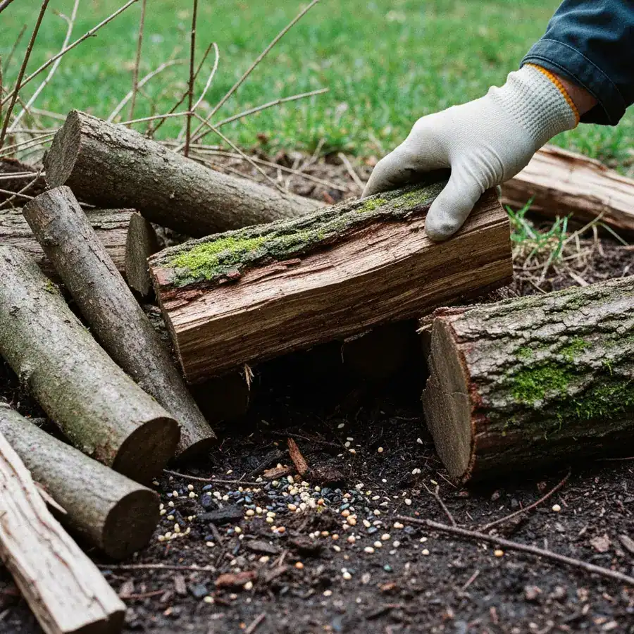 Gloved hand lifting weathered firewood to reveal a damp denning site at a lawn's edge.