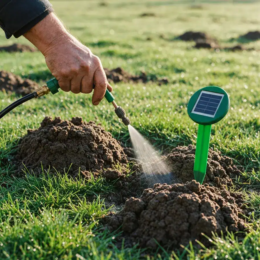 Close-up of a sprayer nozzle applying castor oil treatment to a lawn next to a solar mole stake.
