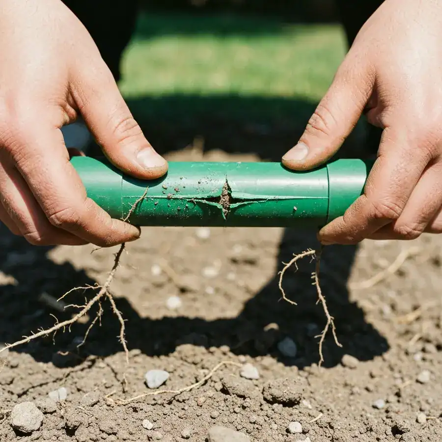 Close-up of a cracked plastic mole repeller shaft held by stained hands over dry, rocky soil in a backyard garden.