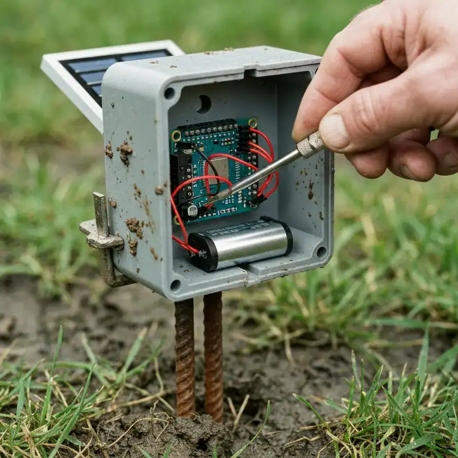 DIY Arduino mole repeller in an ABS box mounted on a rebar spike in a damp backyard.