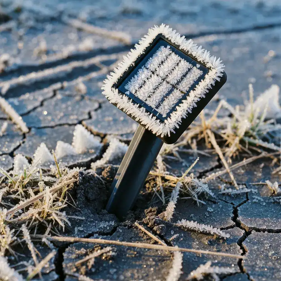 Solar mole repeller stake pushed out of frozen dirt with thick frost covering the solar panel in a winter garden.