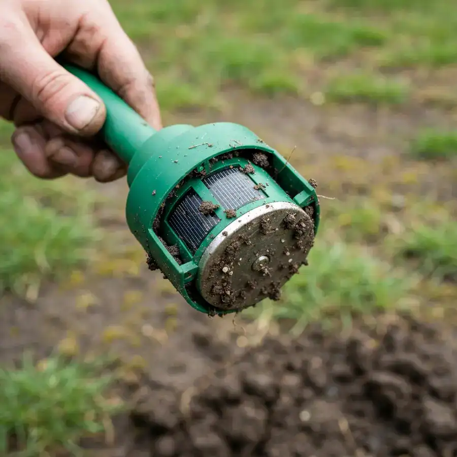 Muddy solar stake held by a technician, showing dirt-clogged seams and wear from being embedded in garden soil.