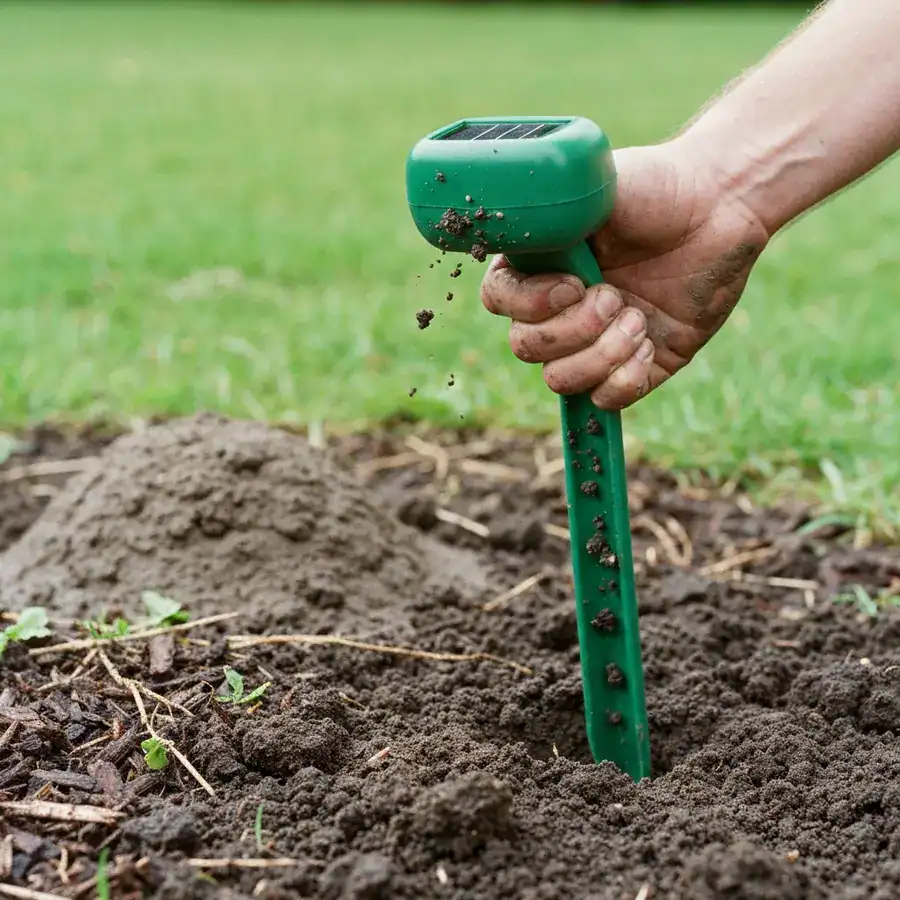 Close-up of a mud-stained hand pulling a solar repeller stake from damp soil near a fresh mole hill in a garden bed.