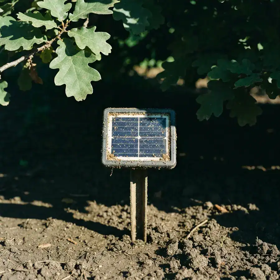 Close-up of a dusty solar mole repeller stake shaded by dense oak leaves in a damp garden.