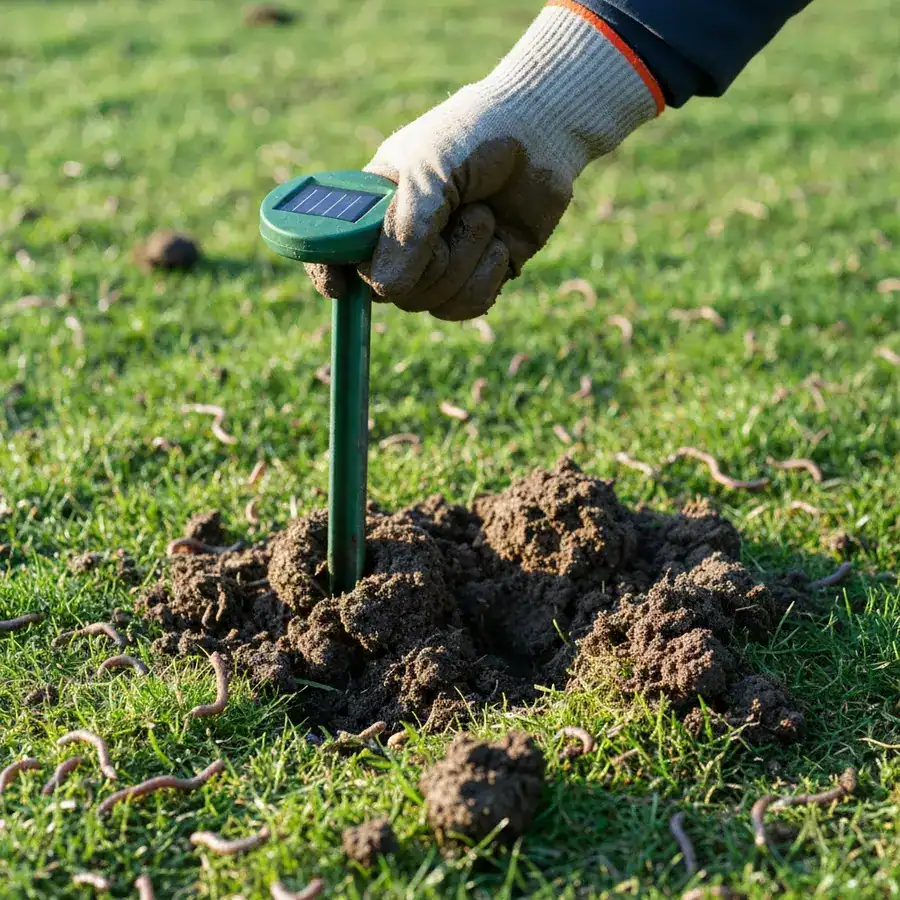 Gloved hand pulling a solar repeller stake from a fresh molehill in a damp morning lawn.
