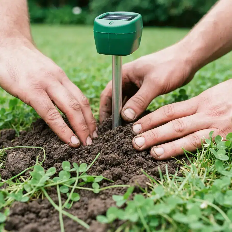 Close-up of hands packing damp soil tightly around a solar mole repeller stake in a residential lawn.
