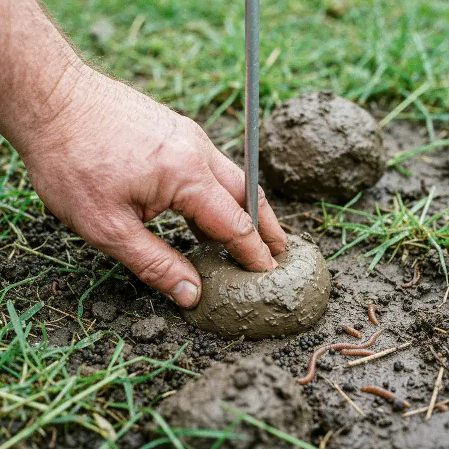 Hand packing heavy wet clay around a solar mole repeller stake in a damp garden.