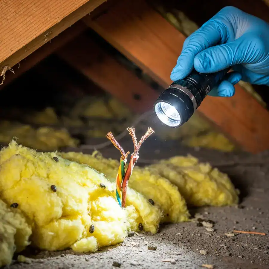 Close-up of chewed electrical wires with exposed copper strands among soiled insulation in a dark attic.