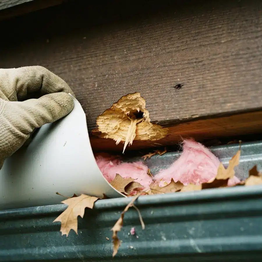 Gloved hand pulling a loose soffit panel to reveal a chewed hole in the fascia board behind a gutter line.