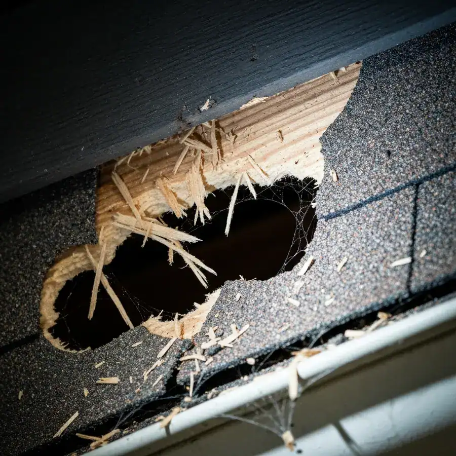 Close-up of splintered chew marks on a wooden soffit and roof shingles, illuminated by a harsh flashlight beam.