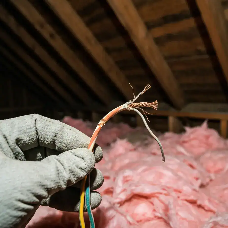 Gloved hand holding chewed electrical wires among insulation in a dark, dusty attic.