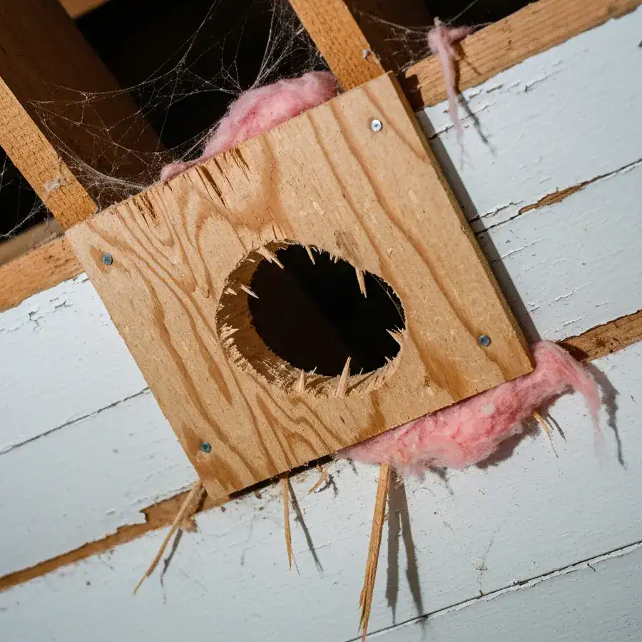 Plywood board nailed over a hole with fresh squirrel chew marks on a weathered attic soffit.