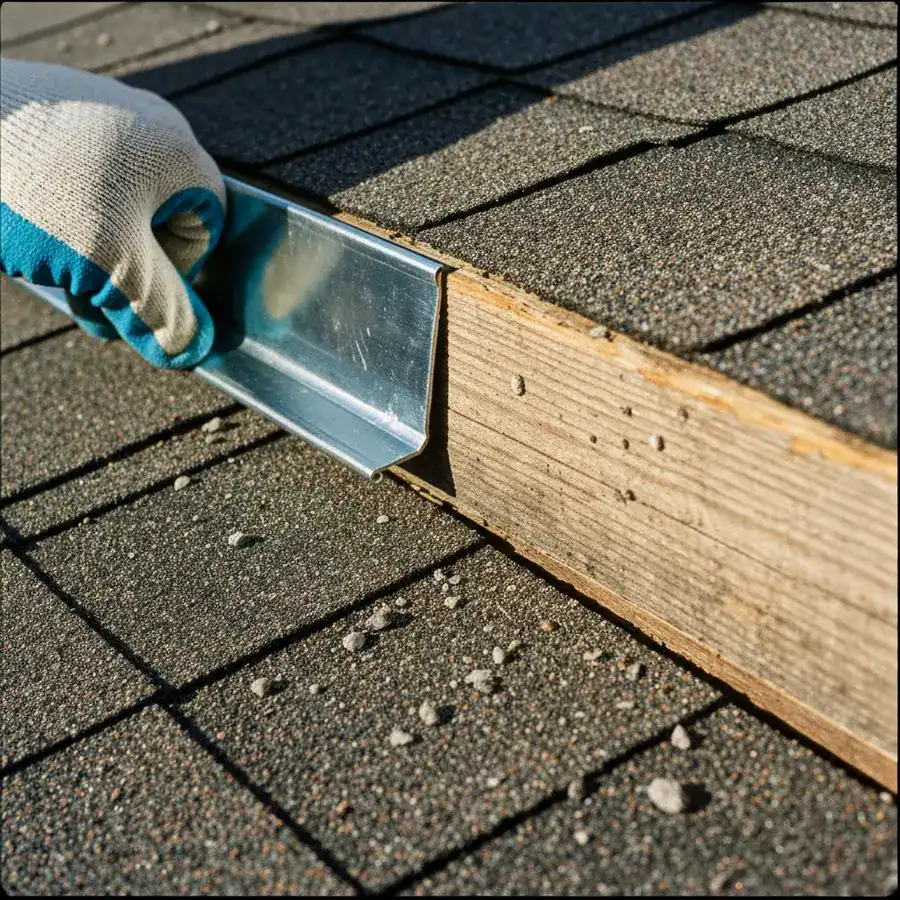 Gloved hand installing steel flashing under roof shingles to seal a builder's gap against squirrel entry.