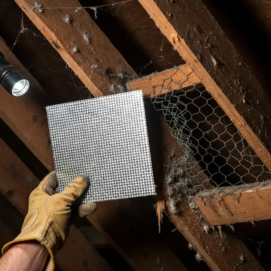 Gloved hand holding 16-gauge hardware cloth next to mangled chicken wire on a damaged attic wooden soffit.
