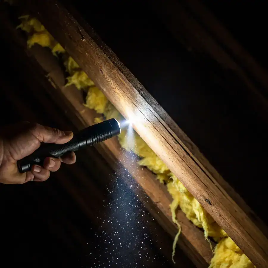 Flashlight beam revealing a daylight gap at a roof junction inside a dark, dusty attic.