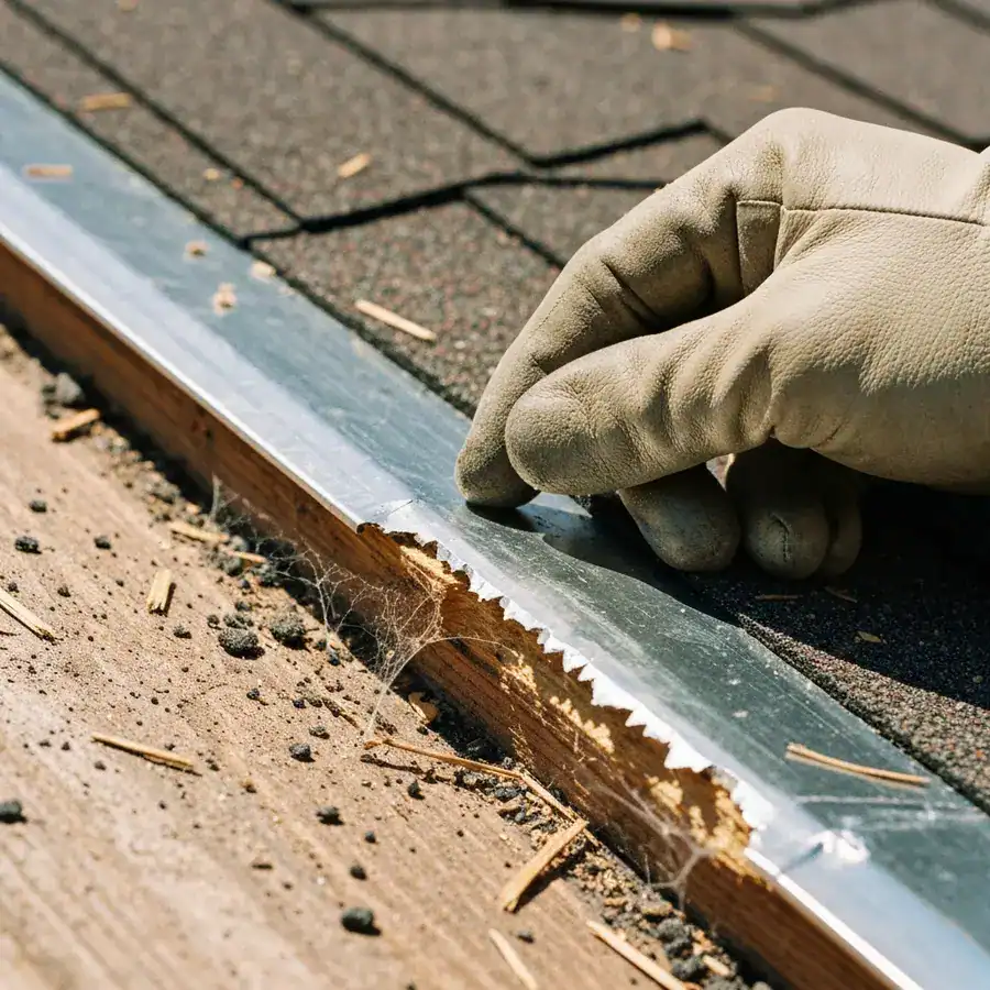 Close-up of a gloved hand inspecting metal flashing on a weathered roof eave to prevent squirrel entry.