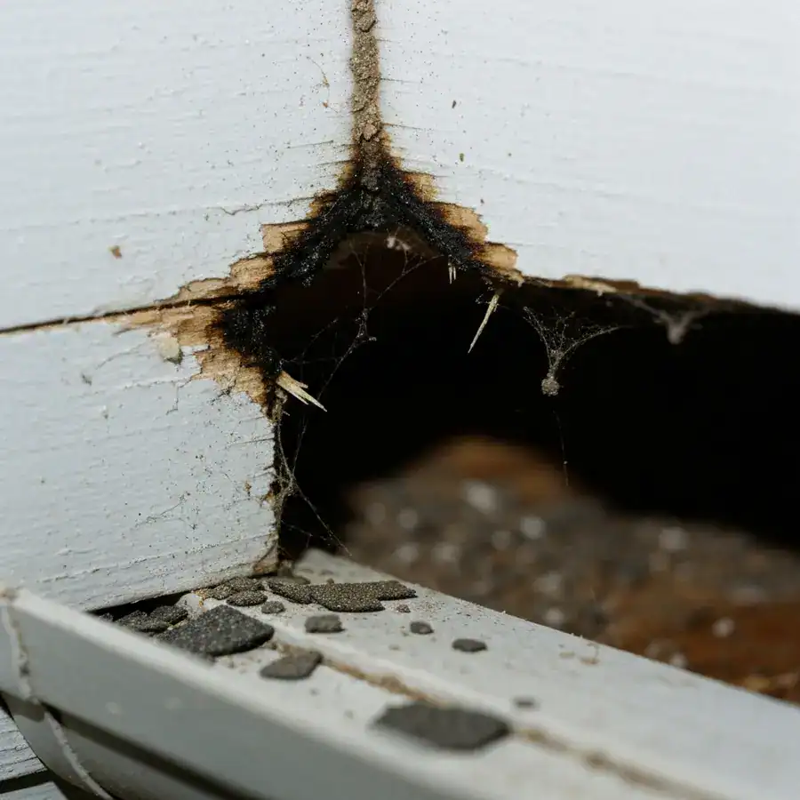 Close-up of oily rub marks around a chewed entry hole in a weathered soffit corner with shingle crumbs.