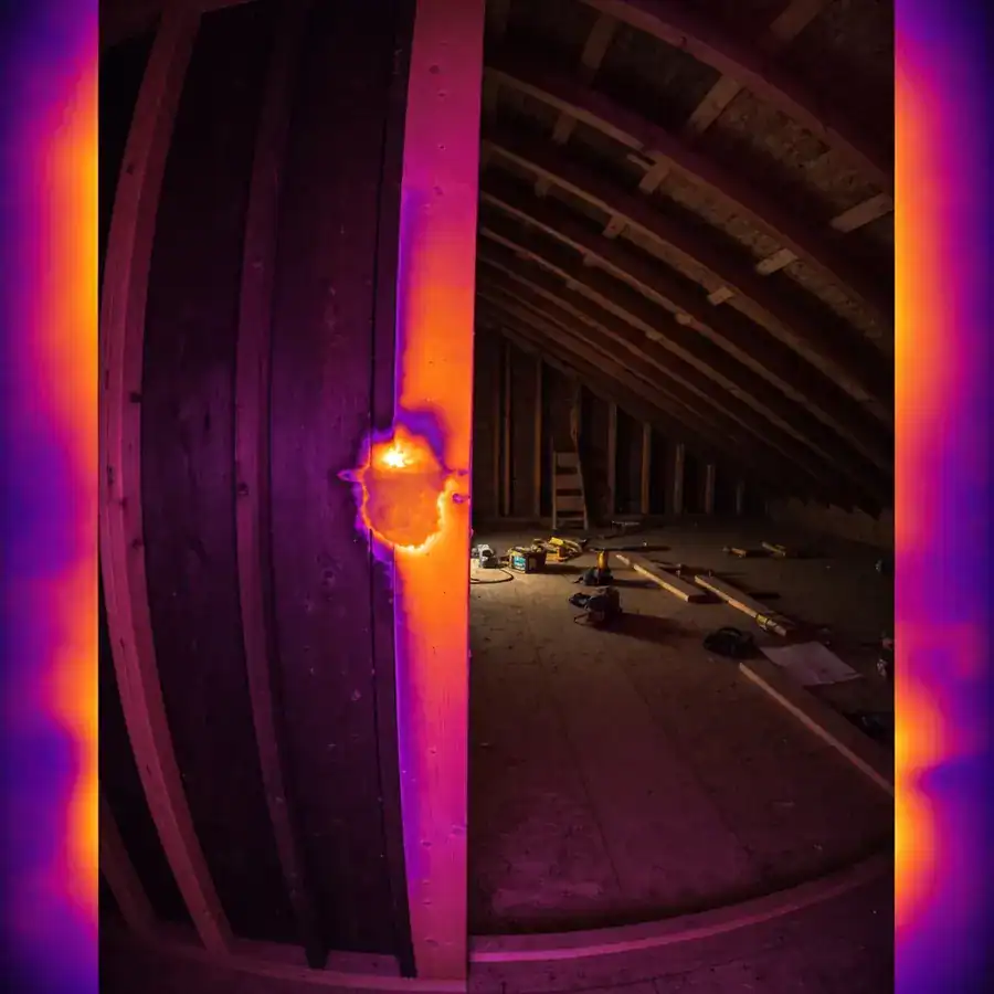 Close-up of a thermal camera showing a heat signature from a squirrel nest behind a dusty wooden attic wall.