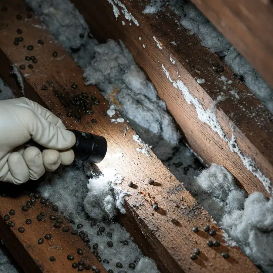 Gloved hand pointing a flashlight at dark urine stains and wood rot on attic rafters amidst dusty insulation.