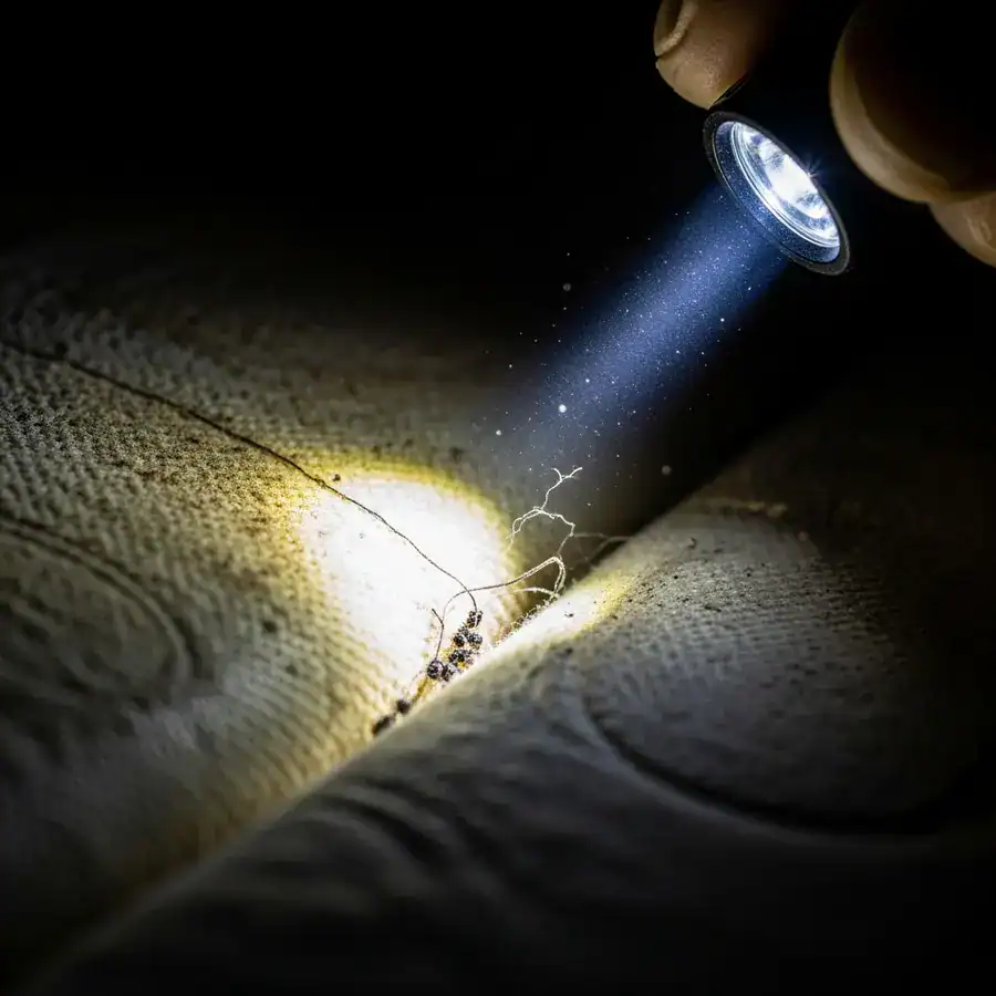 Close-up of mattress piping seam. Flashlight reveals potential bed bug hiding spots amid dust and worn fabric.