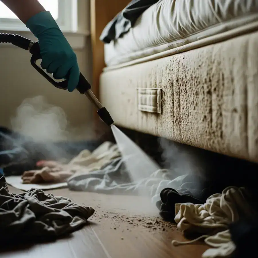 Close-up of steam cleaner nozzle spraying hot vapor. Treating stained mattress seam amidst cluttered bedroom floor.