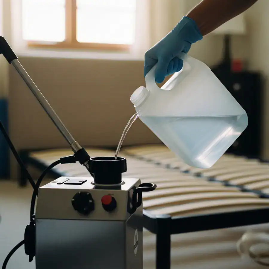 Close-up of nozzle steaming a mattress seam. Slow, deliberate pest control in a cluttered bedroom.