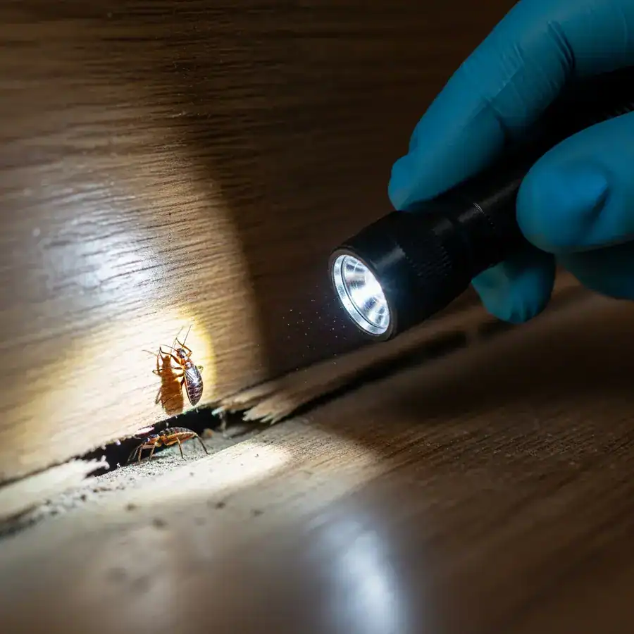 Close-up of steamer treating mattress seam, steam rising near worn fabric and dusty baseboard.