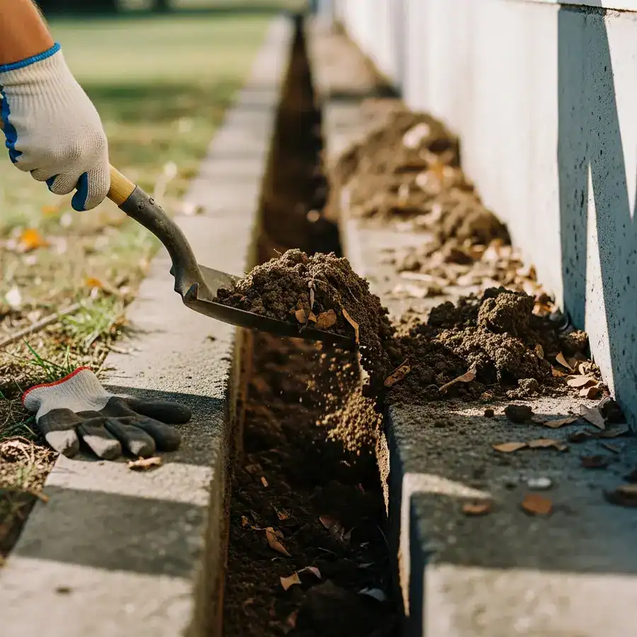 Close-up of shovel backfilling a trench. Uneven soil and debris surround the foundation. DIY termite treatment in progress.