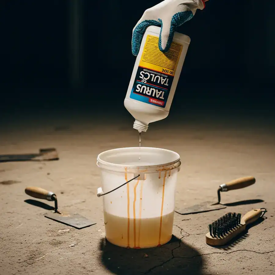 Close-up of insecticide bottle being emptied into a mixing bucket in a cracked and cluttered basement during pest control.