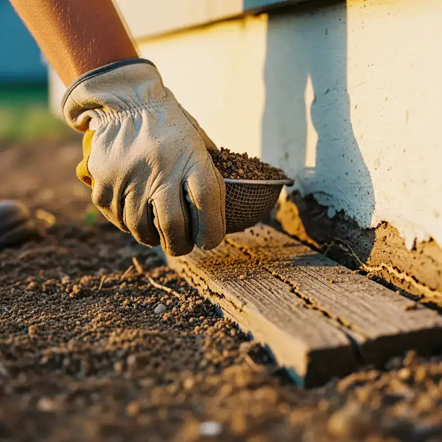 Close-up of solution overflowing a measuring cup being poured into a shallow, unevenly dug trench with damp soil and debris.

A worker's hand, wearing a worn nitrile glove, adjusting the nozzle of a backpack sprayer near a concrete foundation. The concrete is stained with dark patches of moisture and efflorescence. Tufts of grass grow sparsely along the edge. Documentary-style handheld shot on 35mm film. Aperture f/2.8. Slight organic film grain, sharp focus on the nozzle. Soft, cold light from a nearby basement window.