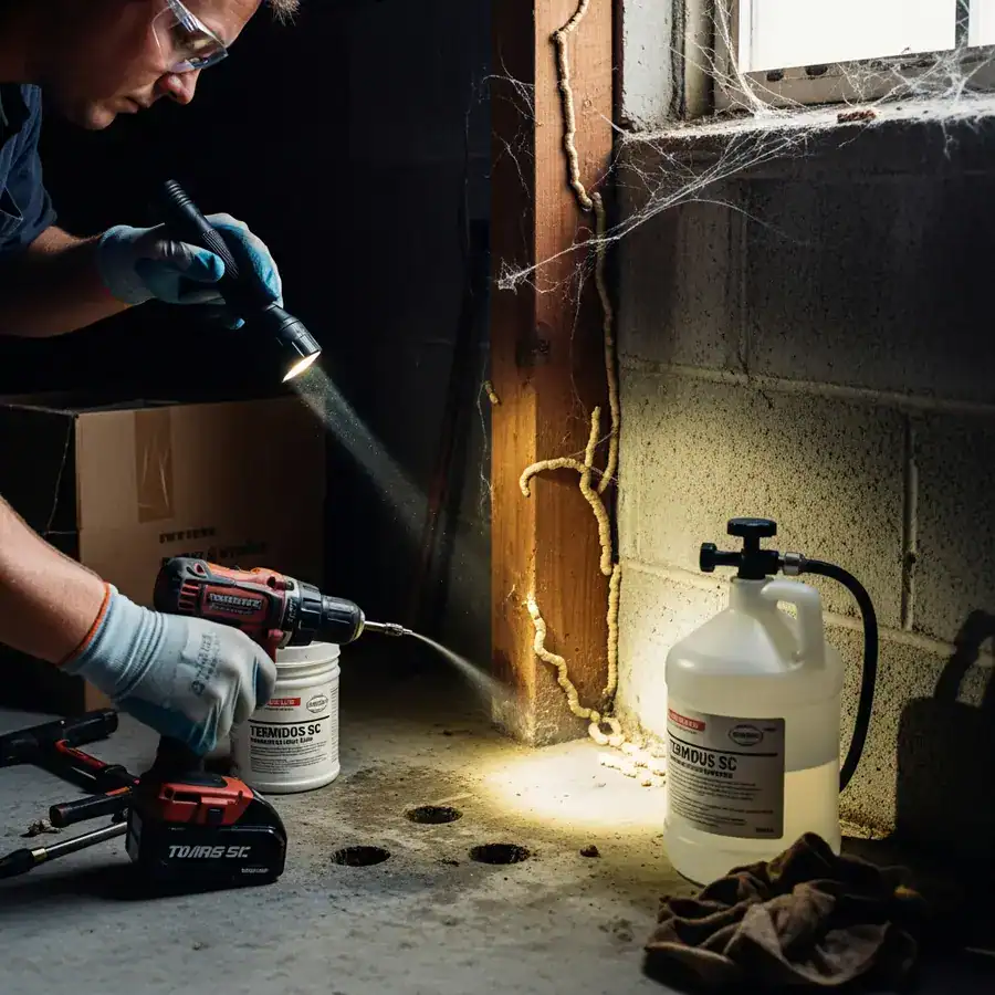 Close-up of mud tubes climbing basement wall. Flashlight reveals termite damage in damp, unfinished space.

A worker's hand, clad in a nitrile glove, adjusts the nozzle of a spray tank filled with a clear solution near the base of a treated wooden beam. Dust motes float in the air, illuminated by the dim light filtering through a small, grimy basement window. Documentary style, handheld, 35mm, f/2.8, organic film grain, sharp focus. Soft, cold light from the window.