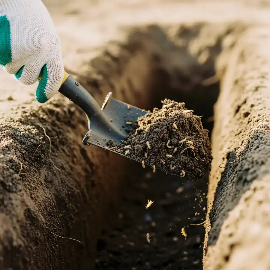 Close-up of gloved hand shining light. Inspecting a shallow trench dug near a foundation. Soil and pebbles surround the area.