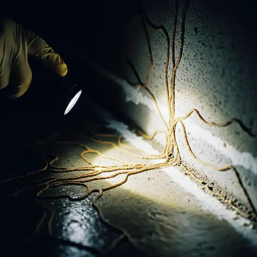 Close-up of termiticide-treated concrete. Flashlight reveals streaks and faint mud tubes near a foundation.
