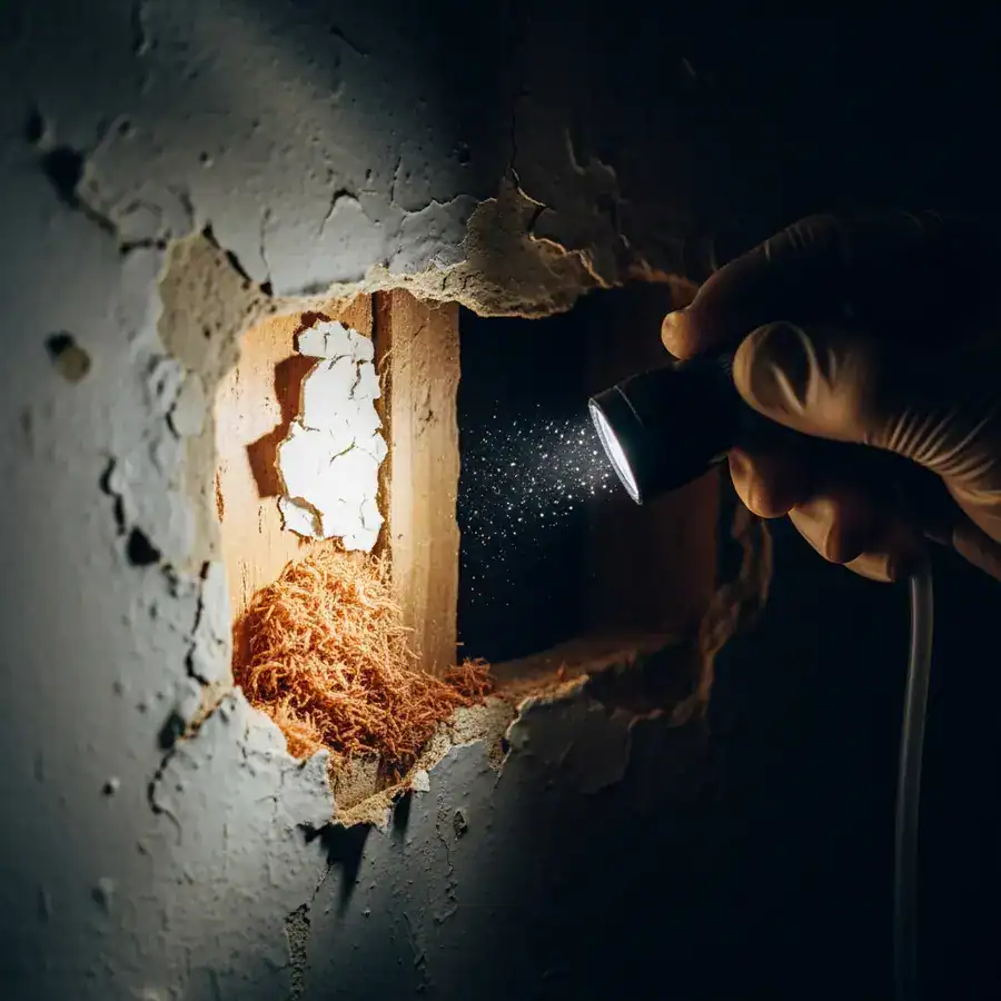 Close-up of frass at base of blistered drywall. Evidence of drywood termites in a dimly lit wall cavity.