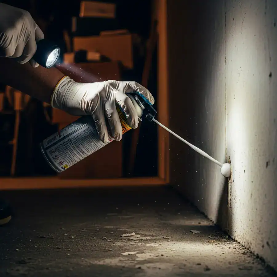 Close-up of foam injecting into drywall. Technician treats for termites in a cluttered, dimly lit basement.
