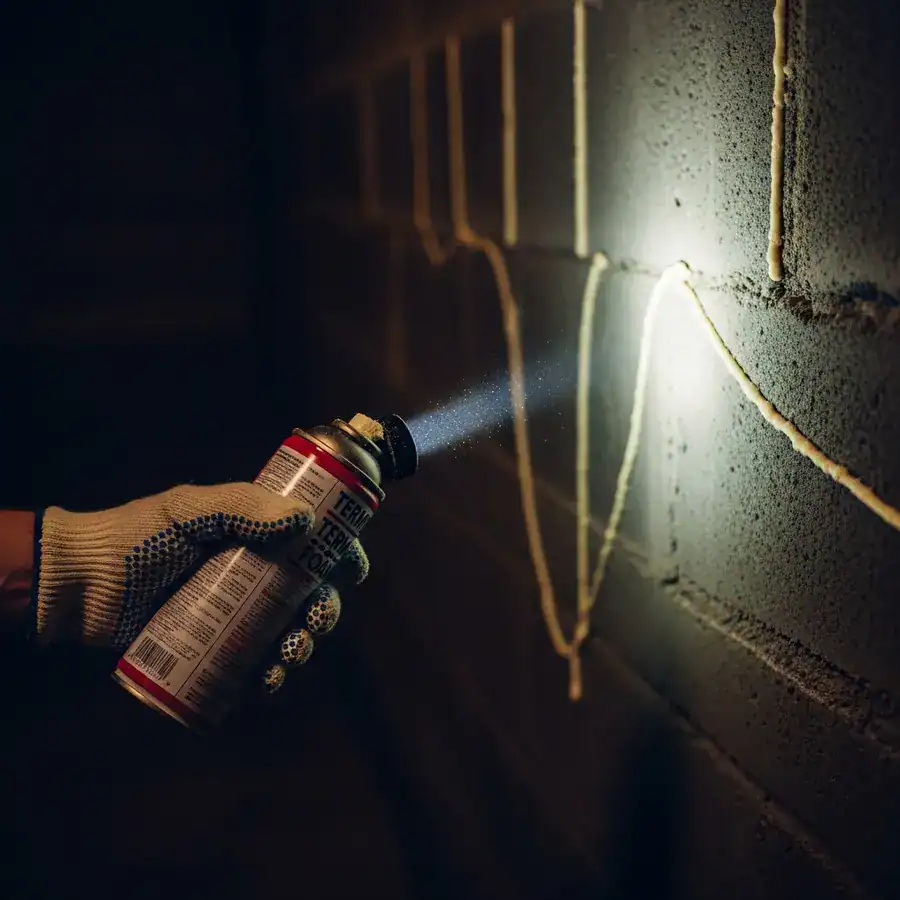 Close-up of an empty termite foam can pointing at treated basement wall; dried foam visible on concrete.