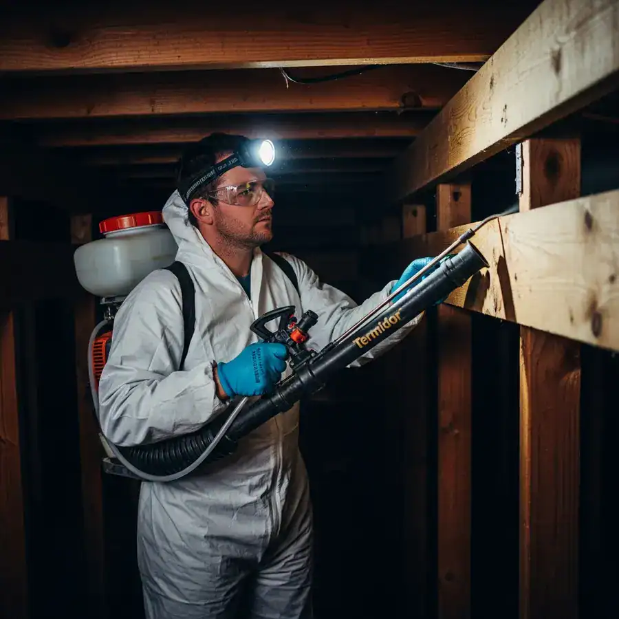 Close-up of applicator injecting foam into drywall; patched wall, dust, and work light in a cluttered basement.