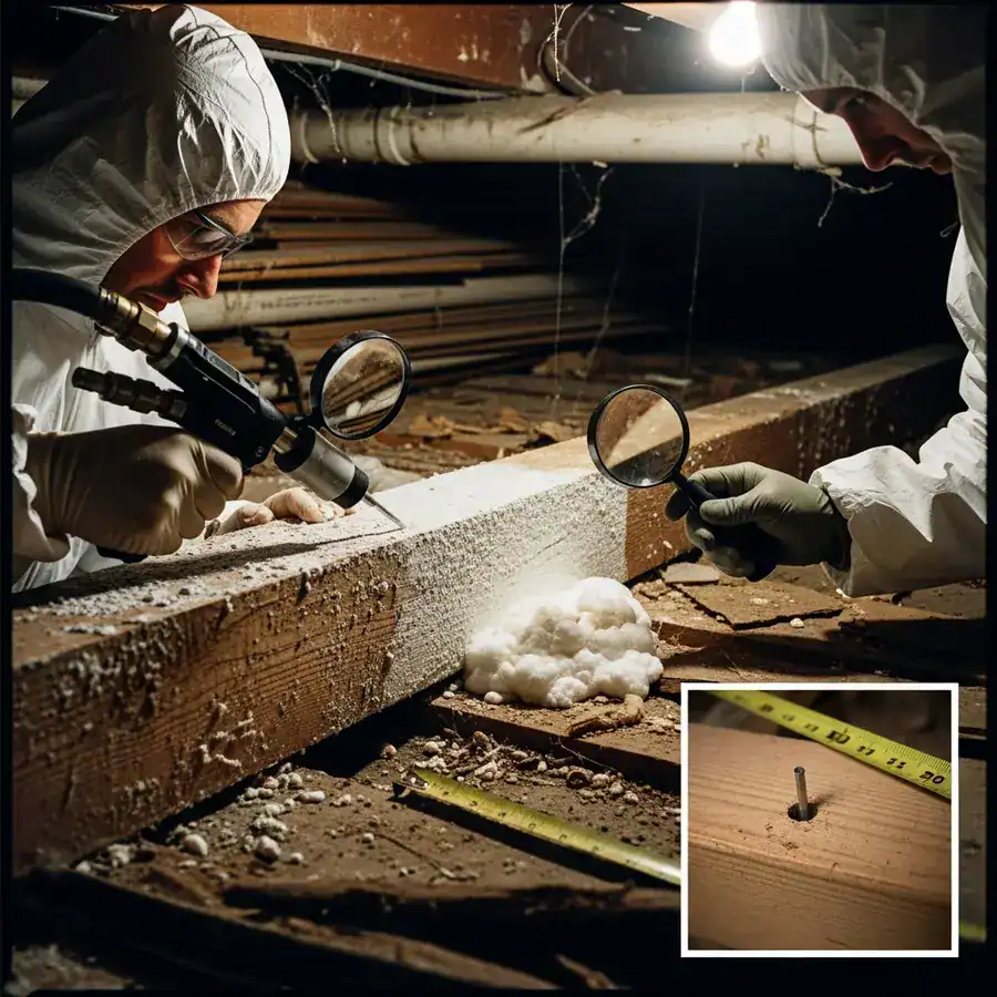 Close-up of moisture meter being pressed against a damp wall in a cluttered basement, post termite foam treatment.

A technician's hand, clad in a nitrile glove, carefully removes a section of water-damaged drywall to expose a termite-treated stud. Dust and crumbled gypsum board are scattered around the opening. Documentary-style handheld shot on 35mm film, aperture f/2.8, slight film grain, sharp focus on the exposed stud. Raw, naturalistic lighting from a work light casts long shadows.