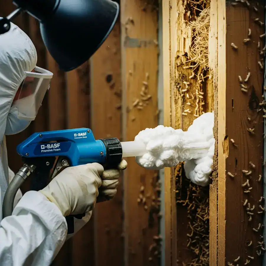 Close-up of Spectracide foam applicator inserted in wall. Dust and cobwebs indicate untreated termite environment.

A technician's hand carefully applying PT® Alpine® Ant & Termite Foam into a narrow crevice between a warped wooden floorboard and a concrete foundation wall. The foam expands slightly, filling the gap. Documentary-style handheld shot on 35mm film, f/2.8, slight organic film grain, sharp focus on the expanding foam. Soft, cold light from a nearby basement window.