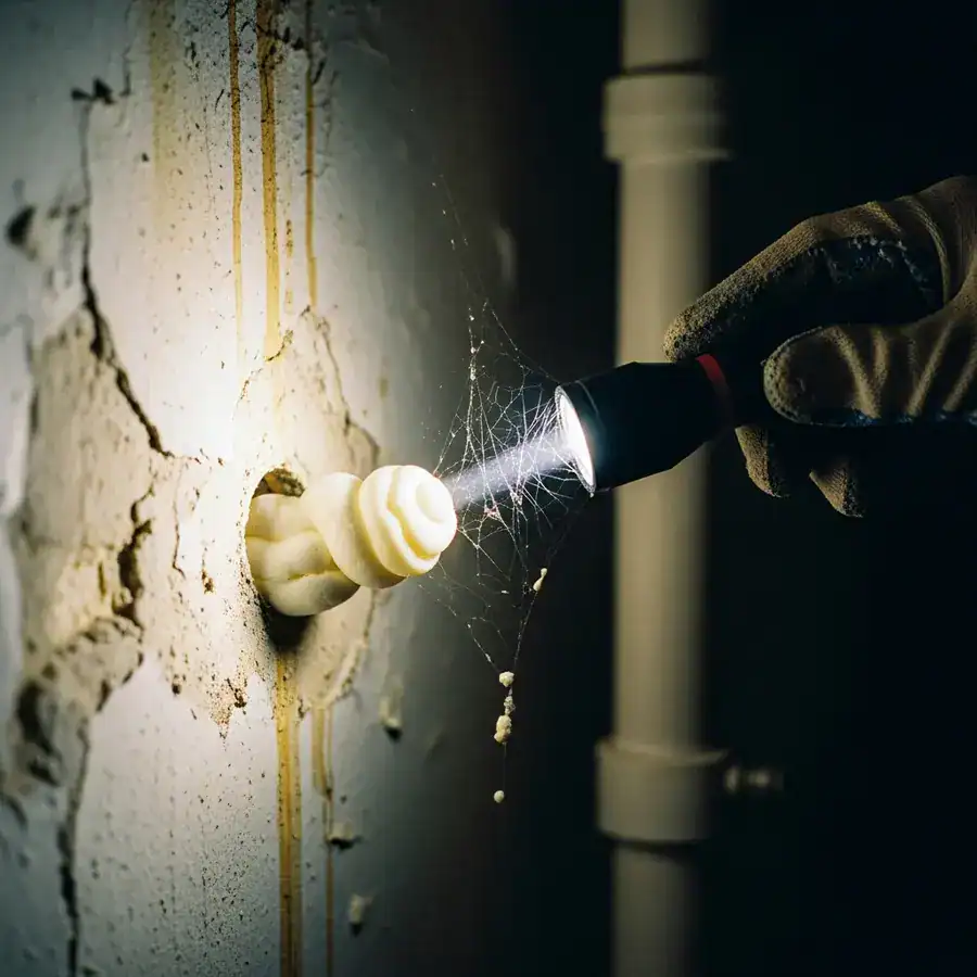 Close-up of foam expanding, injected into wall. Flashlight illuminates water stains and peeling paint nearby.