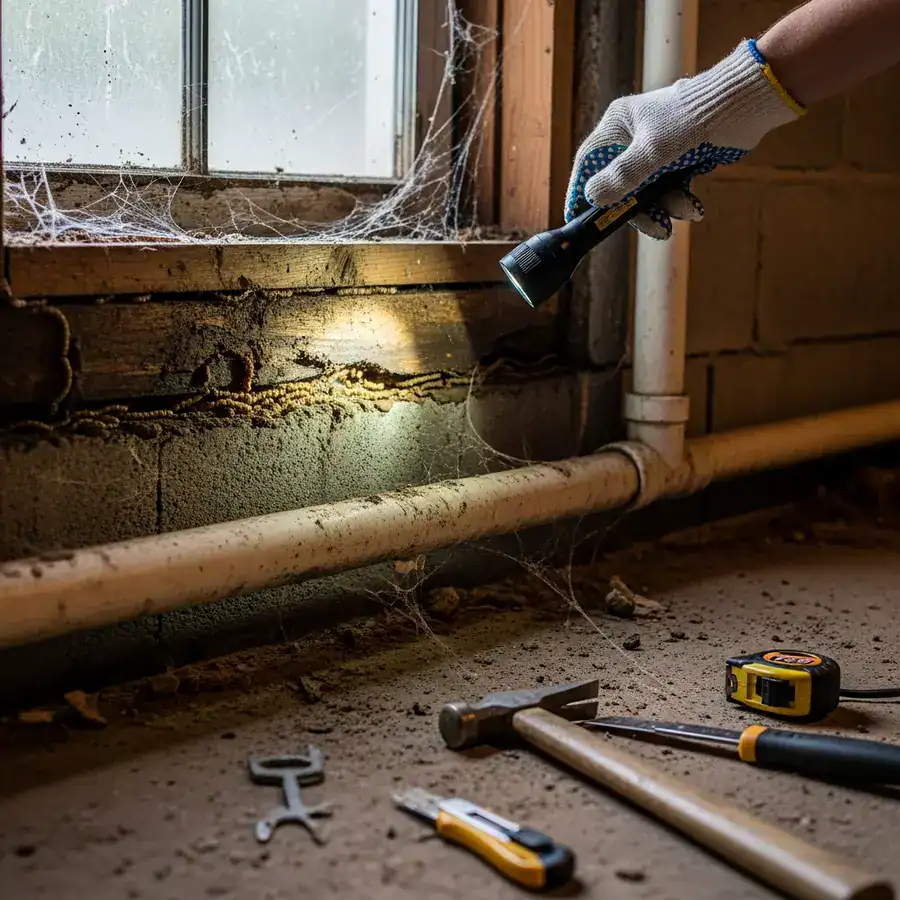 Close-up of damp wood. Flashlight reveals potential termite damage in a cluttered, unfinished basement with a leaky pipe.