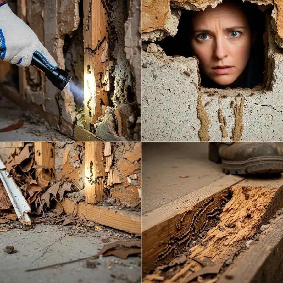 Close-up of exposed termite damage. Flashlight reveals infested studs in a damp, debris-filled basement.