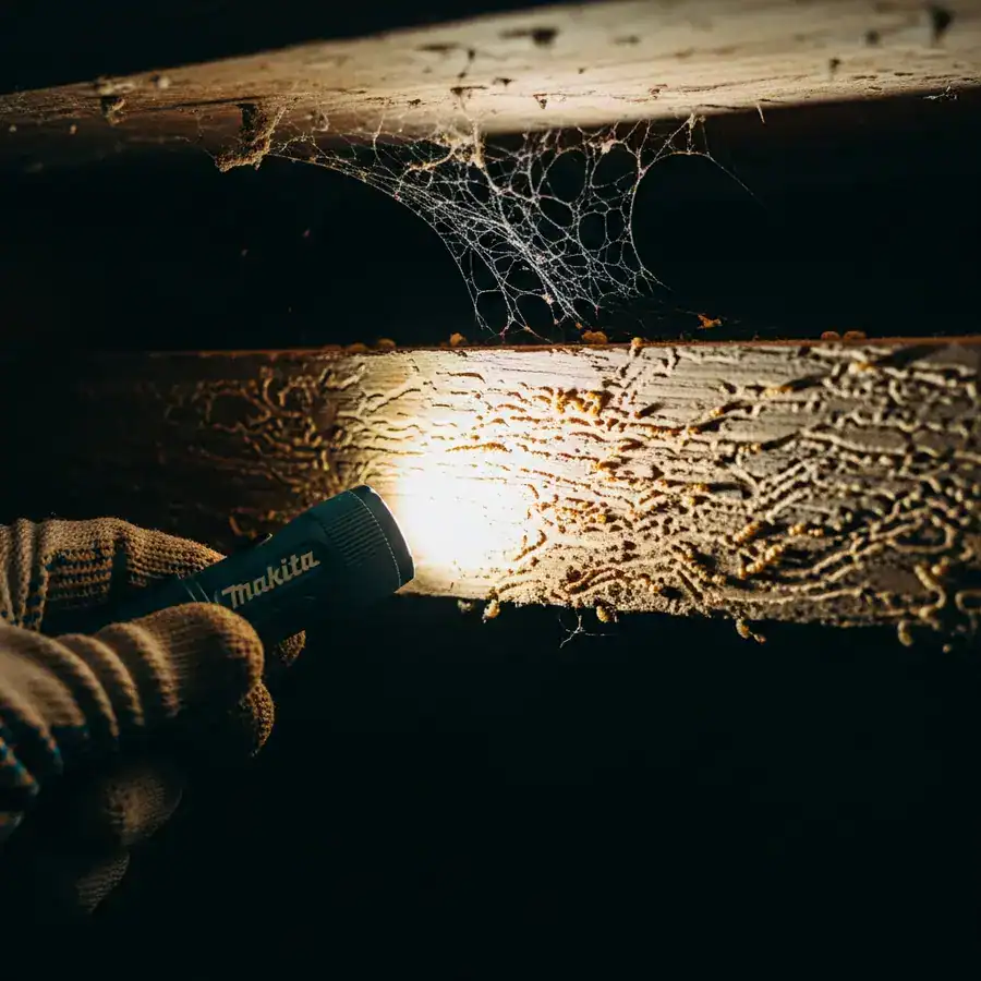 Close-up of mud tubes, flashlight reveals termite damage creeping up a damp, cobweb-filled foundation wall.