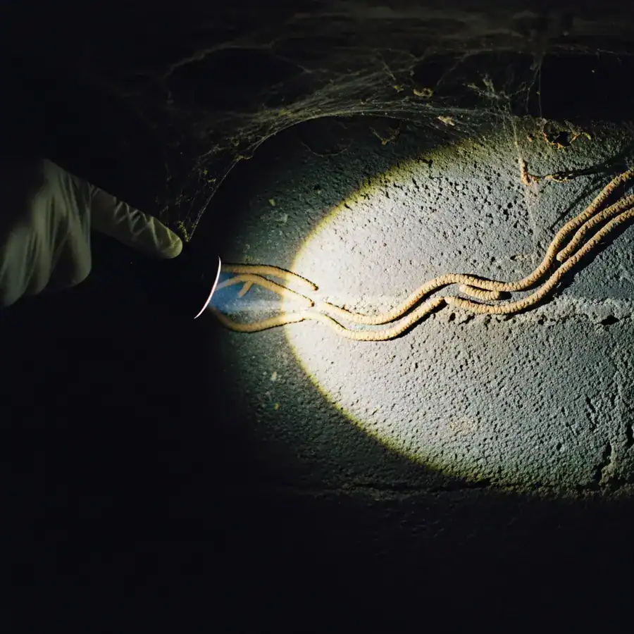 Close-up of termite mud tubes. Flashlight reveals infestation crawling across the damp, unfinished basement foundation wall.