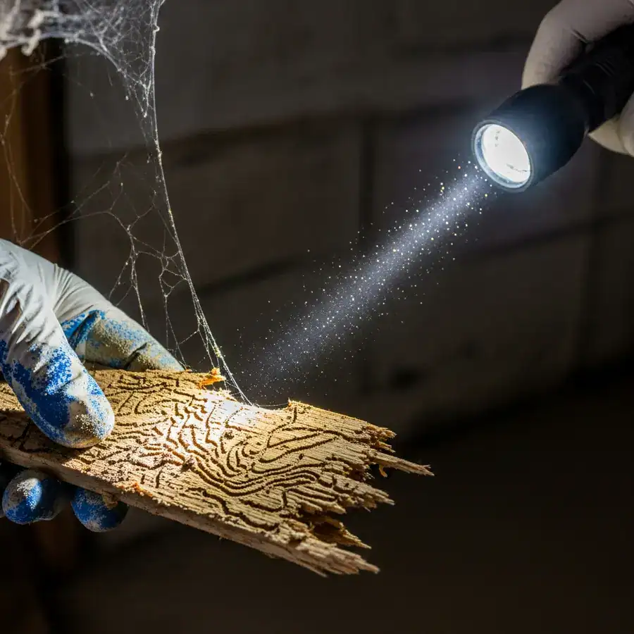 Close-up of termite-damaged wood held under flashlight; damp basement reveals extent of unseen home pest infestation.