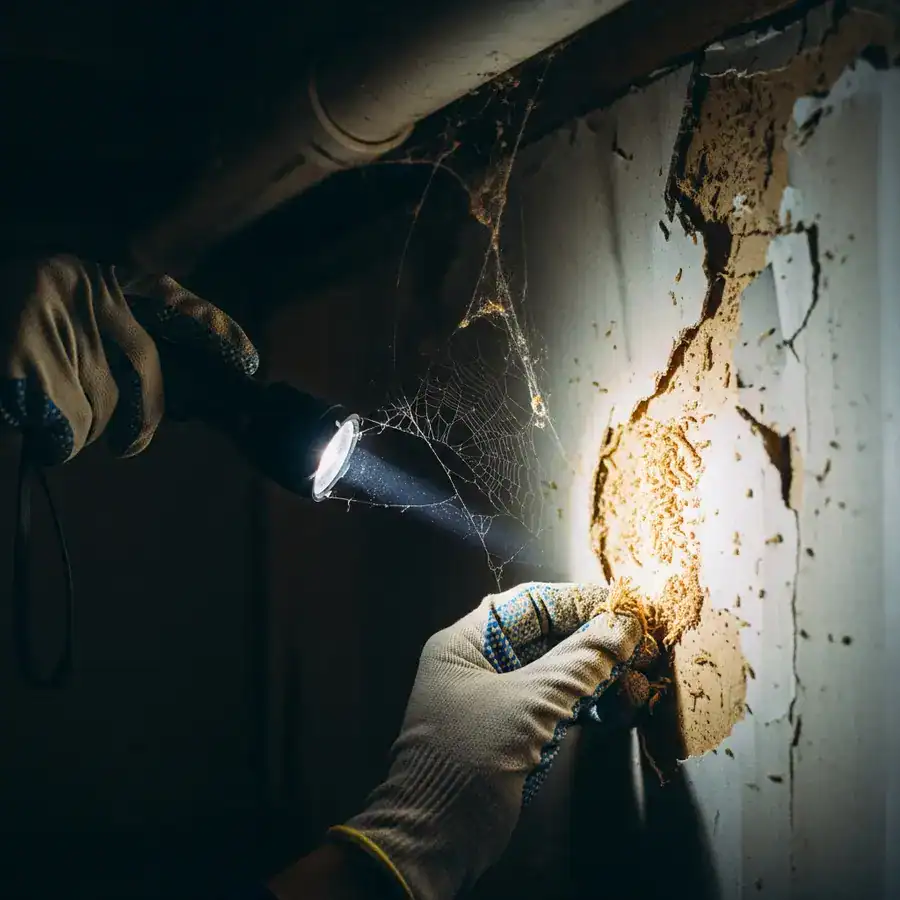 Close-up of hand with flashlight inspecting termite frass. Damaged drywall in dark, damp basement.